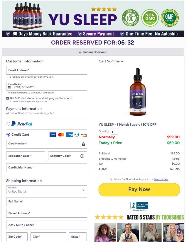 Screenshot of the Yu Sleep secure checkout page, showing customer information fields, payment options, and a cart summary